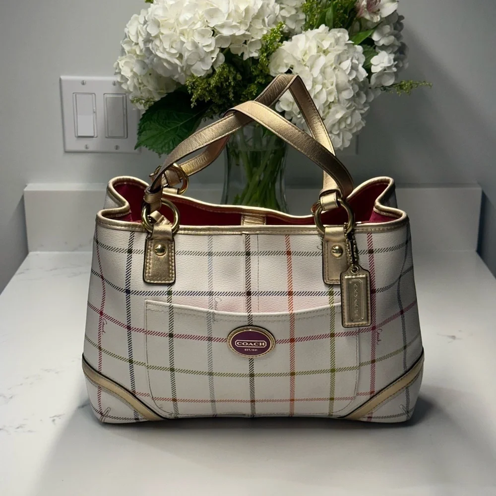Coach Peyton Tattersall Plaid Rainbow White Shoulder/Tote Bag